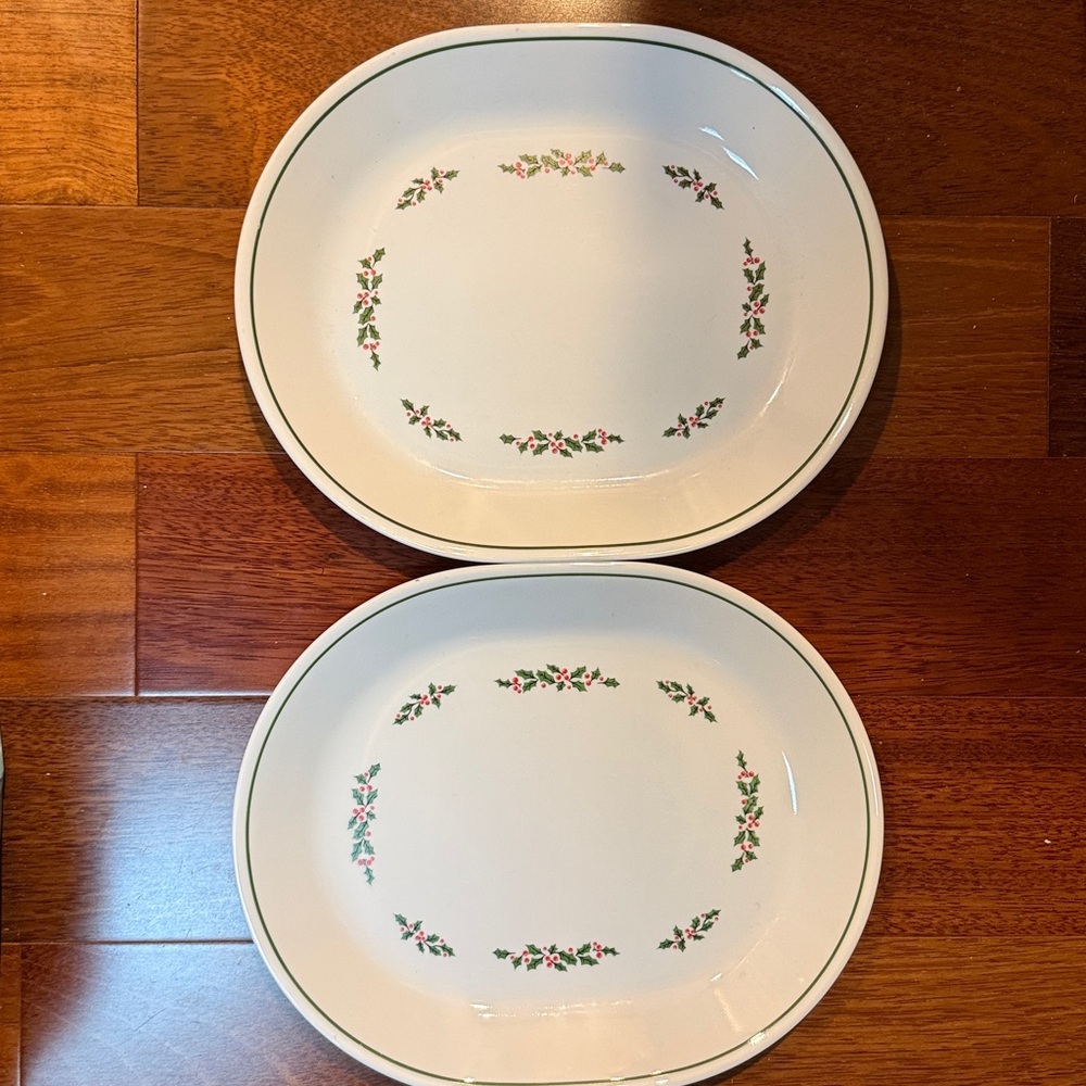 Pair of Corelle White Platters  with Holly Accents